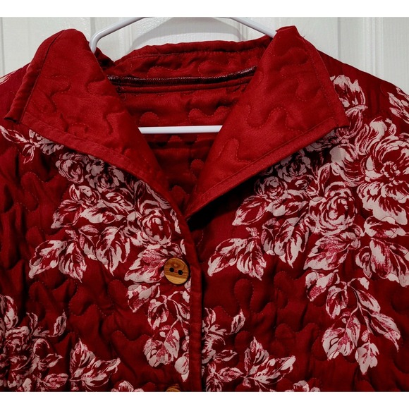 Homemade L Quilted Floral Jacket Womens Red White Button Front Collar Pockets - Picture 2 of 9